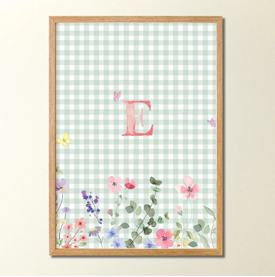 01 quadro personalizado letra flores com xadrez verde