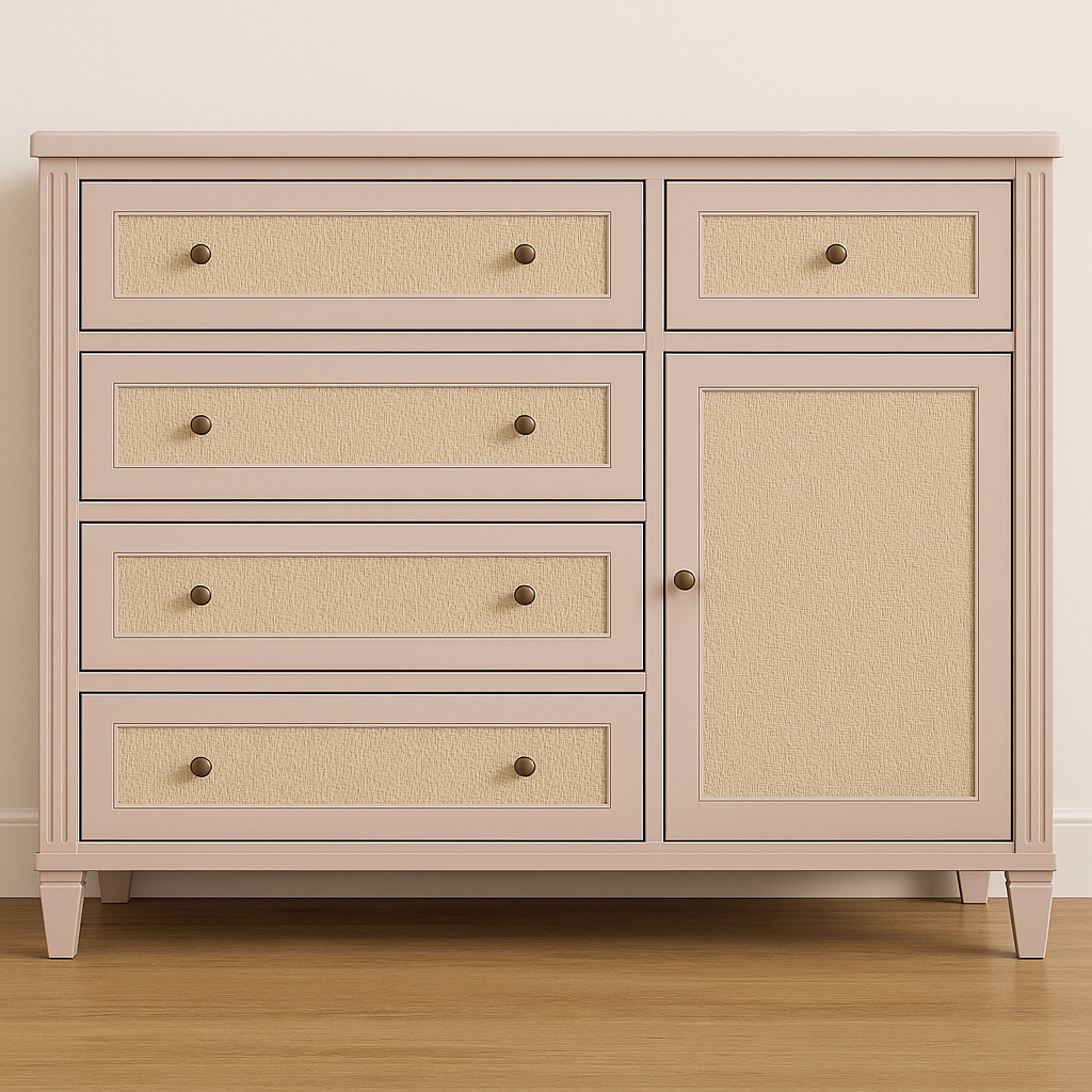 01 comoda tudor plus palha 5 gavetas 1 porta rosa