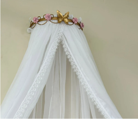 02 dossel meia lua flores e borboletas dourado e rosa