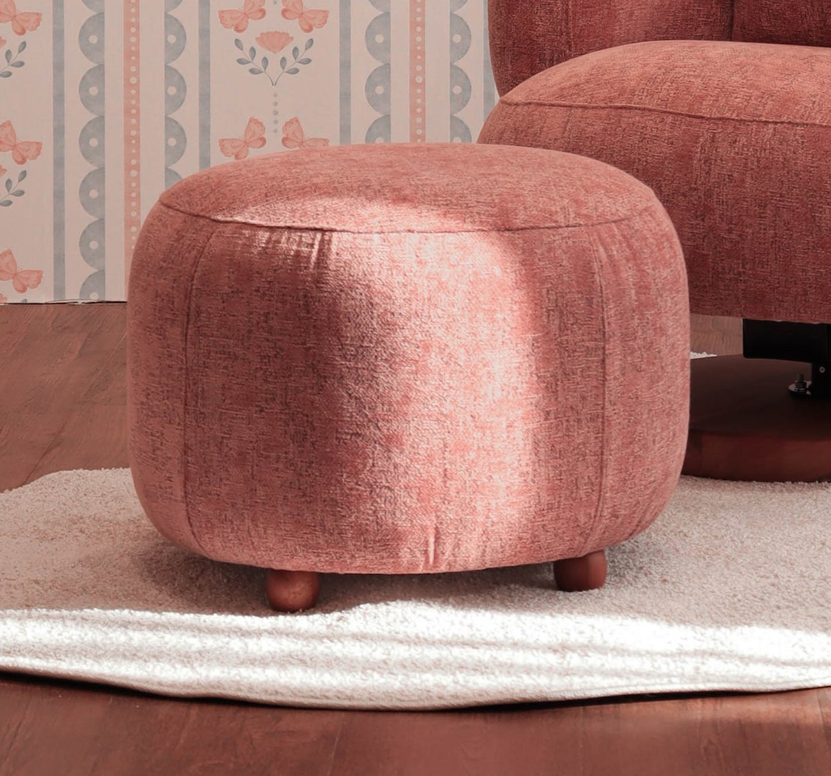 01 pufe redondo luxor pes madeira abstratto chenille rosa blush 119a